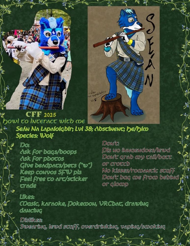 Photo of Seán in fursuit dressed in a kilt, sash and shirt while playing a flute.
On the right a matching digital badge I'll be wearing at CFF 2025