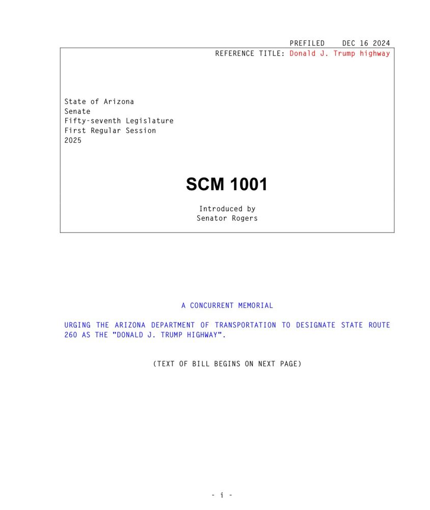 Cover sheet of an Arizona Senate proposal urging the department of transportation to  designate State Route 260 the “Donald J. Trump Highway”