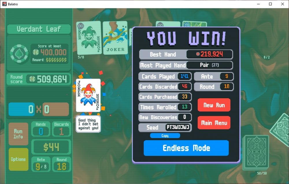 balatro "you win" screen over the boss blind of ante 8. black deck, gold stake.