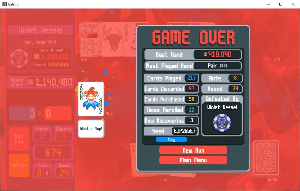 balatro game over screen on the boss blind of ante 8. black deck, gold stake.