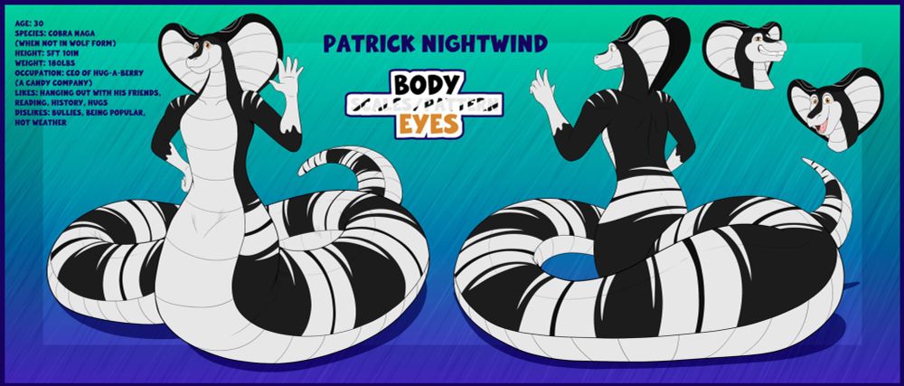 Ref Sheet of Patrick Nightwind in his cobra naga form waving. Front and back posing showing stripes on body/scales and colors!~