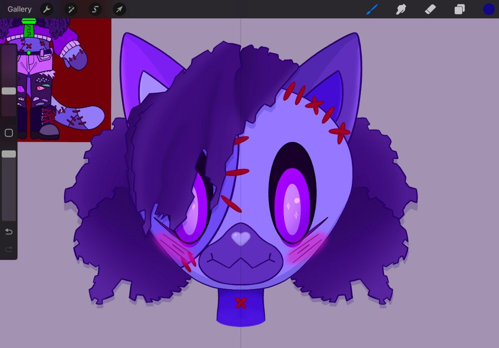 Face of stitched purple cat person with a different hair style and blush toggle activated