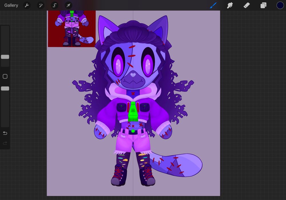 A fullbody purple stitched cat person model with a purple-pink hooded jacket, pink shorts and purple leggings under boots