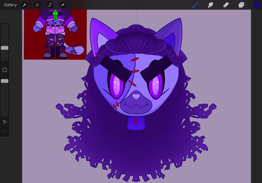 Face of stitched purple cat person with original hair style hair style and angry eyebrows toggle activated