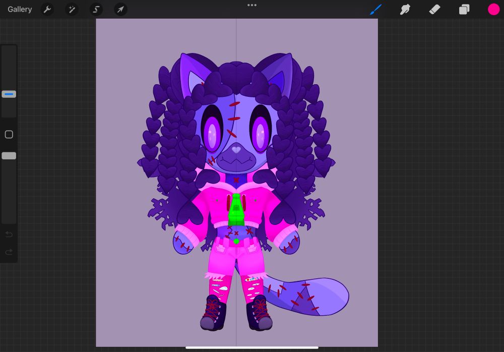 Model of purple stitched cat person with heart style braids in a pink hoodie jacket, shorts and ripped leggings