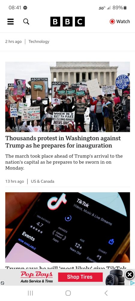 Screenshot showing a BBC article covering the thousands in DC protesting the president-elect ahead of the inauguration. Similar stories are missing from the major US television news outlets on the same day.