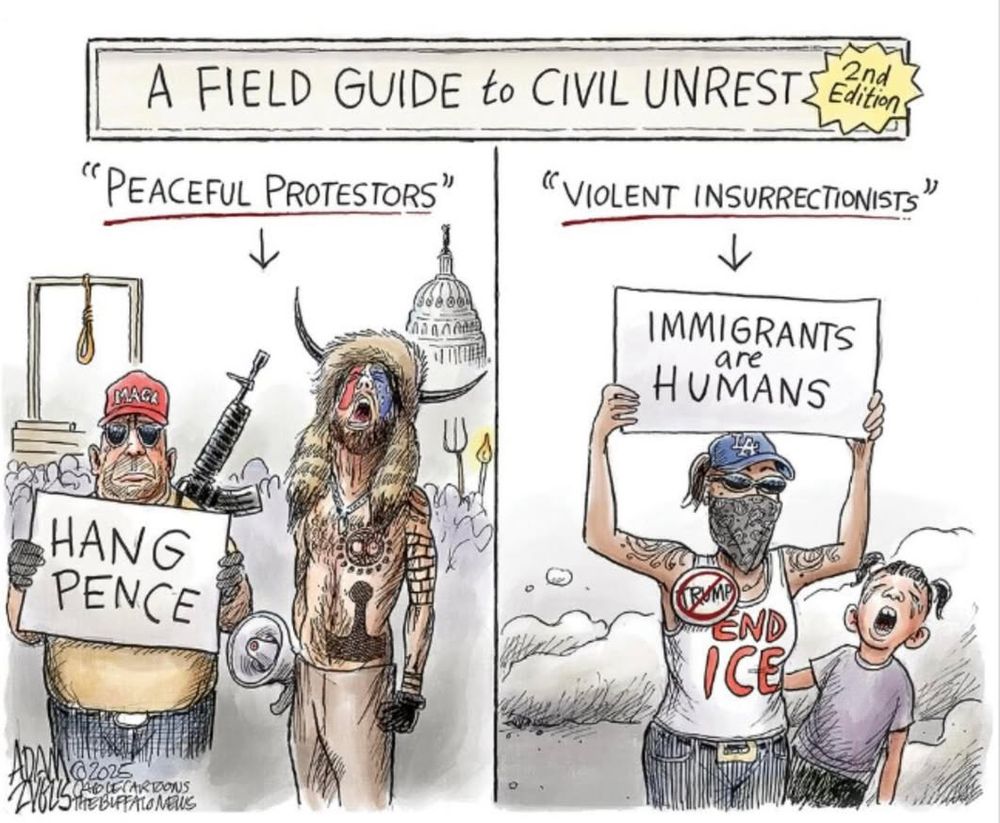 A political cartoon describing the January 6th insurrectionists as “peaceful protesters” and the current anti-Trump protestors as “violent insurrectionists”