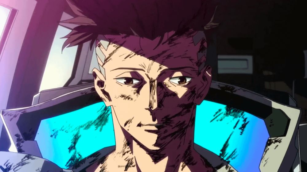 image of Cyberpunk Edgerunners MC David Martinez with a thousand yard stare; he's patched with dirt, wearing a large jacket with a neon turqoise ombre collar