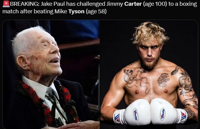 News article of Jake Paul challenging Jimmy Carter to a boxing match.