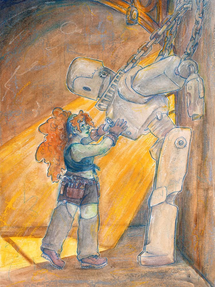 Watercolour and mixed media artwork of zombie Cleo from minecraft youtube, using a wrench to work do work on a robot. Cleo as green skin and red hair. The Robot is larger than Cleo, and slumped forward but held up by chains. They are pictured full body and in side on. Behind them yellow light is shining through a window.