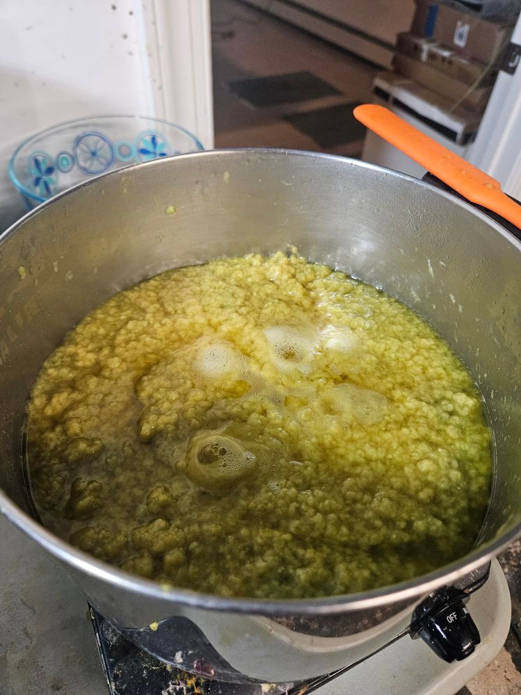 Bright green/chartreuse paper pulp cooking in a large pot in Allison's studio. The color was created by modifying peonie dye with soda wash.  