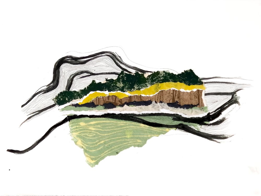 Mixed media artwork depicting an abstract landscape. Dark black lines curve across the composition, resembling hills or topographic contours. In the center, textured green and yellow suggest trees and foliage above a layered brown shape resembling a cliff. Below, pale green with wavy patterns resembles a field or valley. The background is white, creating contrast with the bold and textured elements.