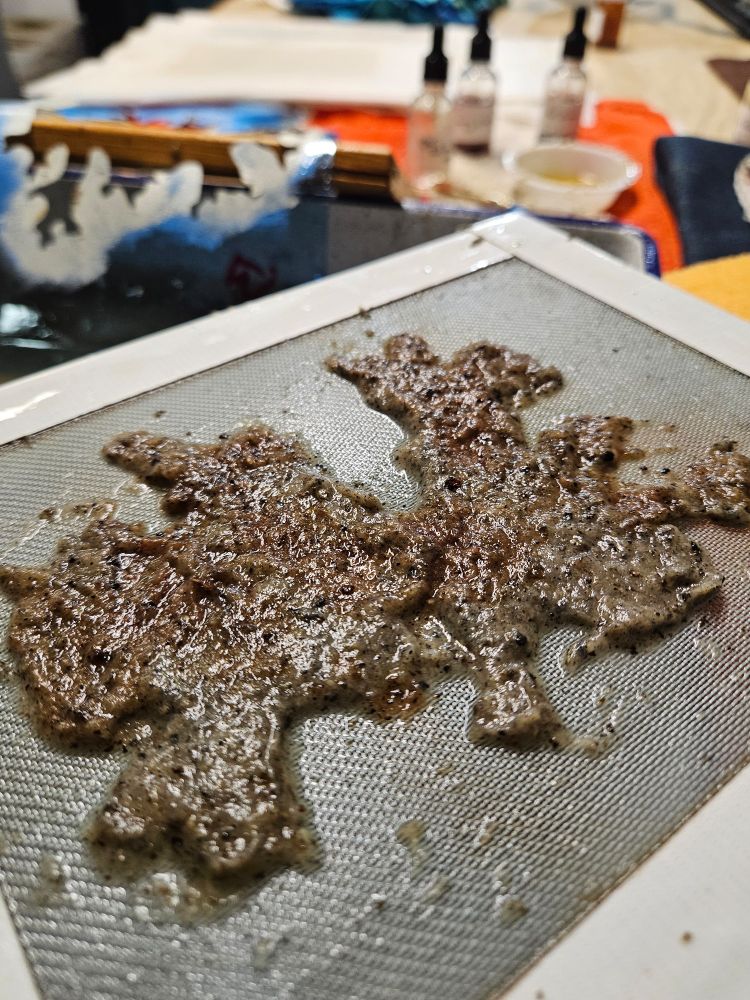 Wet paper pulp on a screen in Allison's studio with various art making materials in the background 