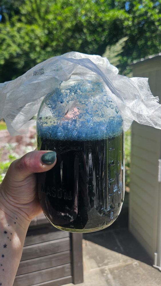 Allison holding a mason jar with the last stage of an indigo extraction experiment.