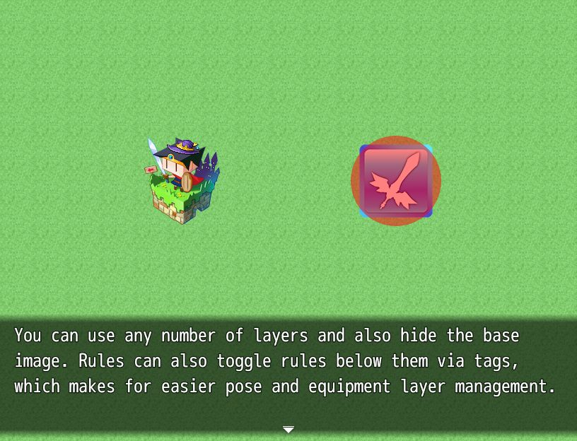 You can use any number of layers and also hide the base image. Rules can also toggle rules below them via tags, which makes for easier pose and equipment layer management.

(The MV Picture is wearing a hat the MZ Picture is overlaid with a transparent red circle.)