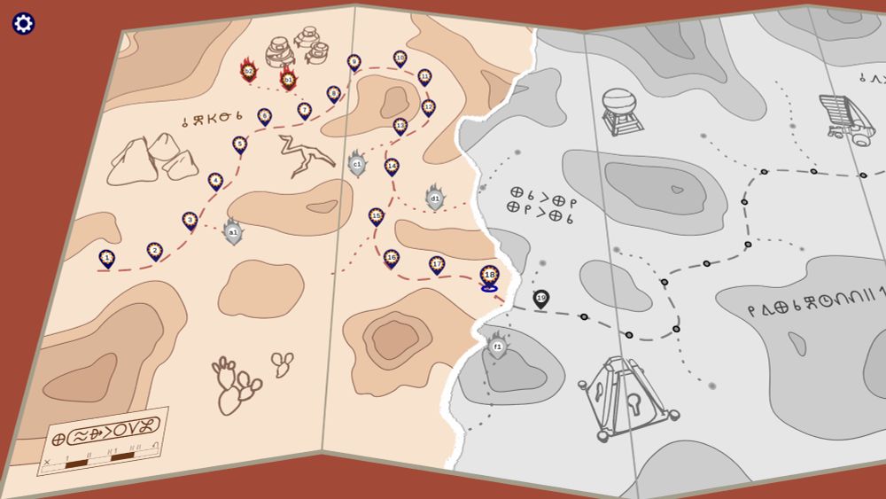 A screenshot of the overworld map of the game TRAILS. Twenty levels have been solved, the others are greyed out. There is a rip across the center, everything to the right of it is in greys instead of colored.