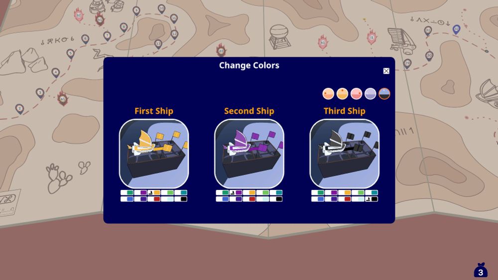 A screenshot of the color change menu from TRAILS. It has three ships with 10 color options for each ship and a possibiliy to choose the ship's background from all 5 backgrounds in the game.