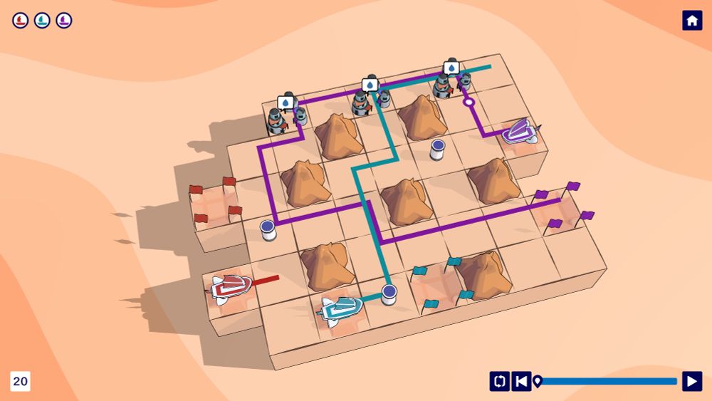 A screenshot from level 20 of TRAILS with a turquoise, a red and a purple ship.