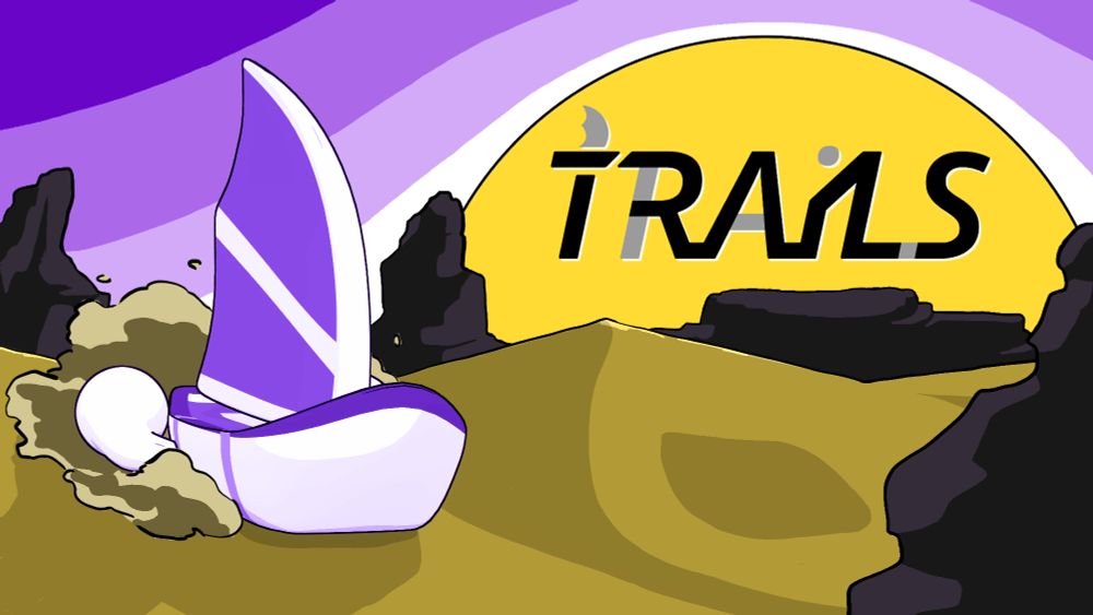 Title Art of the game TRAILS in the colors of the non-binary flag. In the foreground a purple and white sandship glides through a yellow desert. In the background there is a rising or setting yellow sun in front of a purple sky and behind black mountains. The title TRAILS is inside of the sun.