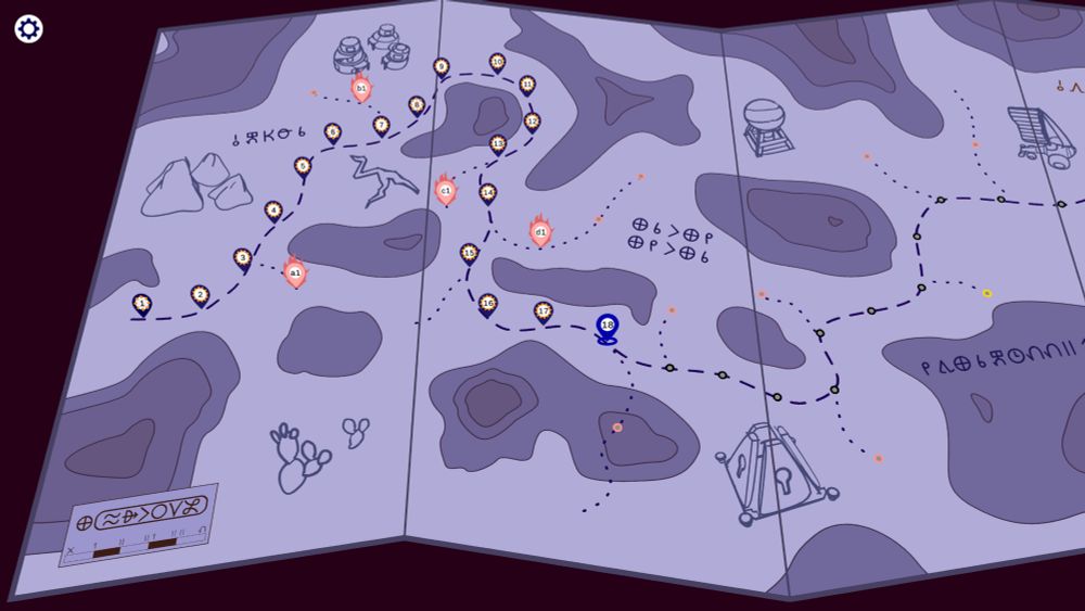 A screenshot of the overworld map of TRAILS in dark mode. There is a foldable map with a path winding through it on which pins show the locations of levels. The map also has height lines and text in sitelen pona.