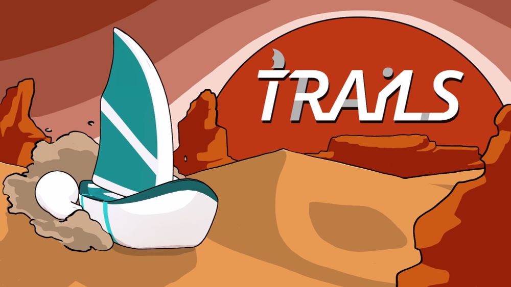 2d Keyart of our game TRAILS. A white sailing ship with a turquoise sail is moving over the dunes of a stylized desert, leaving a dust trail behind it. The red mountains in the background are lit by a setting sun. The logo "TRAILS" is set in front of the sun.