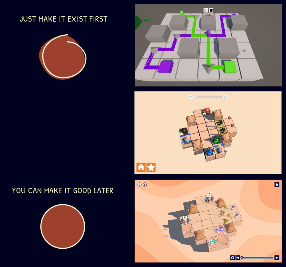 the "just make it exist first" meme. In the first row of images a screenshot of a prototype of our game Trails using only unity buildin elements like simple cubes and spheres is placed next to the sentence "Just make it exist first" and a crudely drawn circle. In the second row a screenshot during a later phase of development with very rough outline shaders but somewhat final colors and some 3d models. In the third row next to a perfect circle and the sentence "You can make it good later" is a screenshot of our final game with a well balanced cartoon look, a background texture and refined UI.