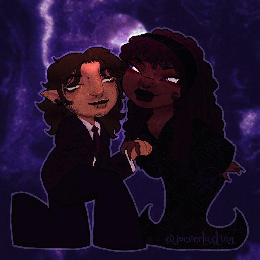 A couple dressed up as Morticia and Gomez Addams. One is an indigenous man with brown hair, light facial hair, and yellow eyes. He has a bridge piercing, septum piercing, angel fangs, and snake bites. He wears a black and red suit and is down on one knee holding his wife's hand. Who is a Black woman with black locs and purple eyes. She has a bridge piercing, nasallang, septum, and snake bites. She wears a long black dress.