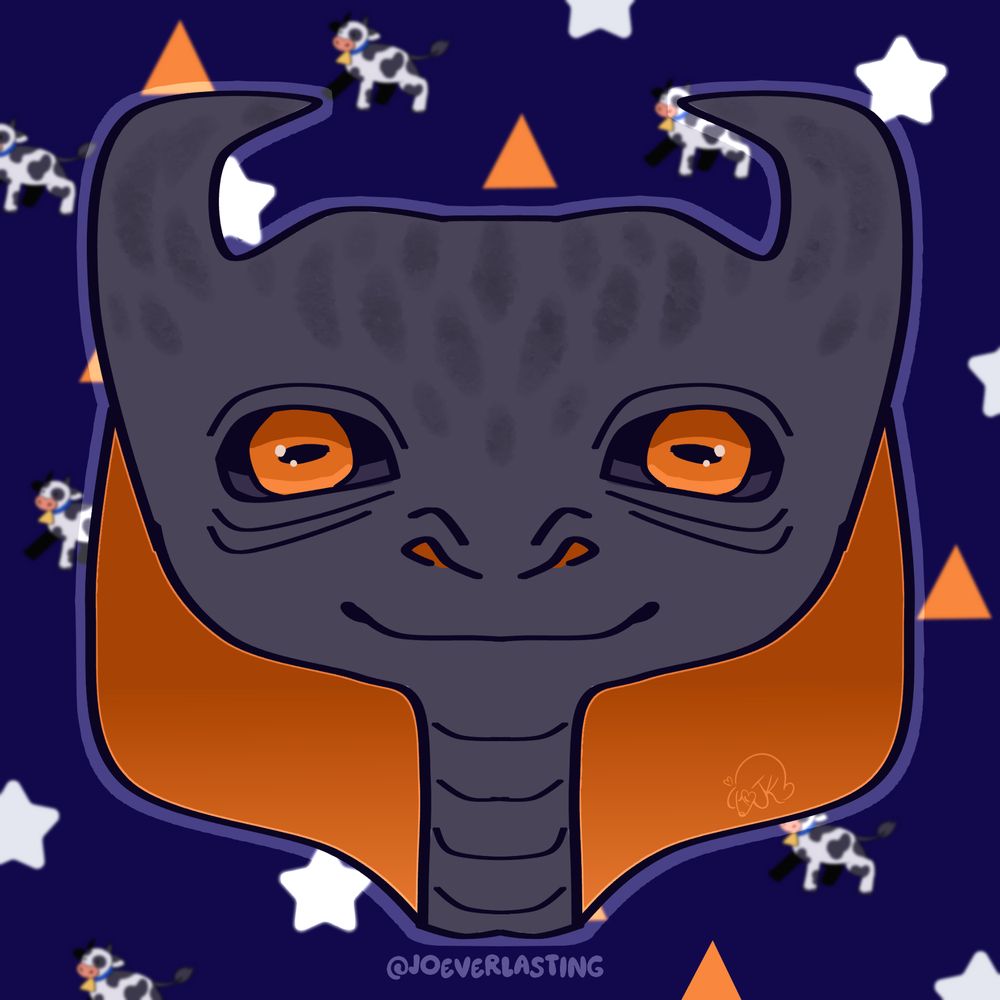 A gray cobra-like alien with orange eyes and orange flaps(?) of skin.  The background is a pattern of triangles, stars, and cows.