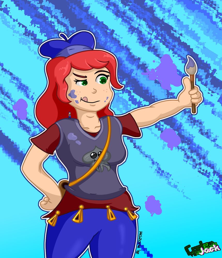 2018 drawing of Tina (As an artist) holding up a brush. She has red hair, freckles and pale skin. She's wearing a beret, a maroon undershirt and a purple sleevelees shirt over it with an alien. She has a yellow bag over her arm and some zipper decorations along the waist. Blue pantsssss