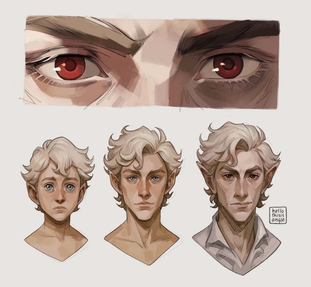 concept art of Astarion through the years as a child, young adult and present age