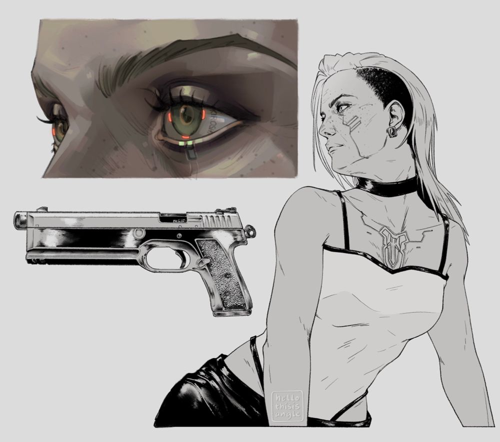Rogue from cyberpunk, her gun, and a detailed eye closeup