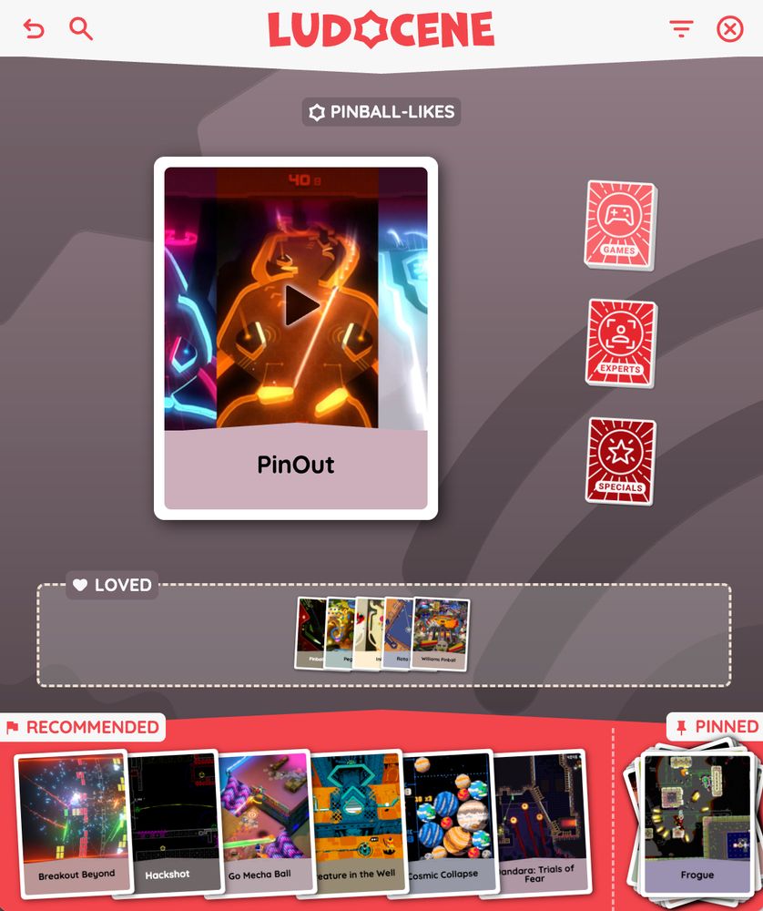 Ludocene game-finder run with PinOut current suggestion.