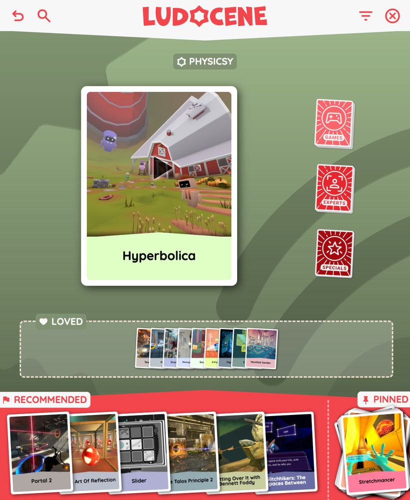 Ludocene game-finder run with Hyperbolica current suggestion.