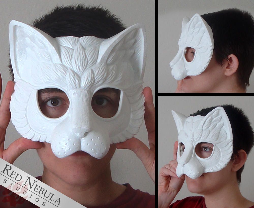 Three views of a woman (me) holding a blank, white, masquerade-style cat mask up to my face.