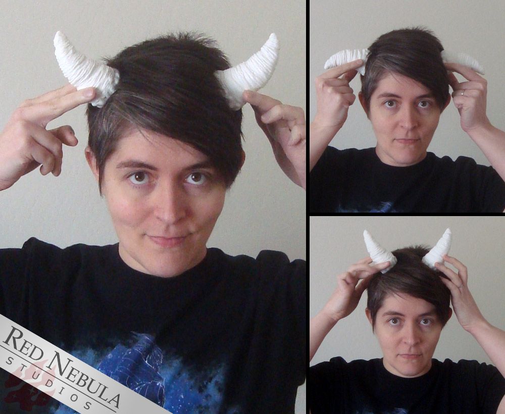 Three pictures of a woman (me) holding a pair of white resin-cast horns to my head in different poses.