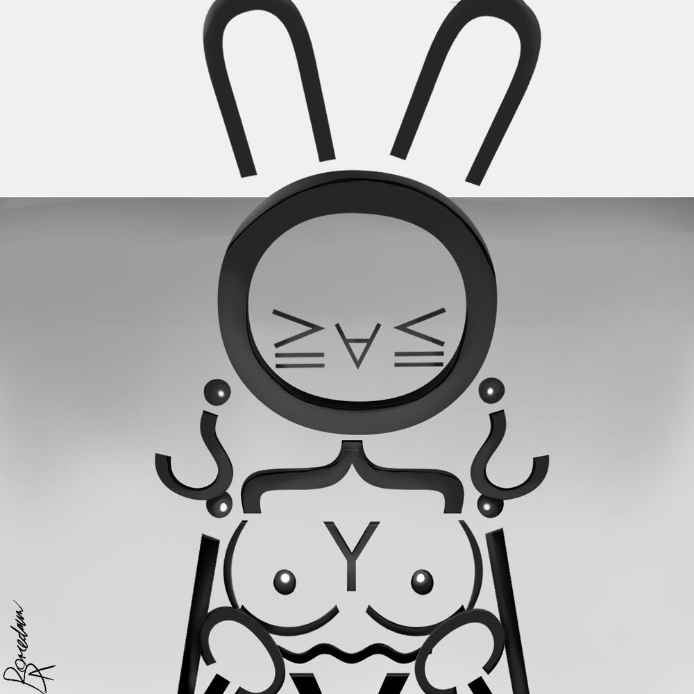 A chest-high close-up of Vicsine, now with a VERY exited and flushed expression on her face, as she flashes her chest towards the viewer, pulling down on her shirt from the neckline, revealing a decently-sized pair of boobs made out of parentheses on the sides, dots as her nipples, foreign characters that look like long, open U's as the bottom of the breast, and a single capital Y as her cleavage. The part of her shirt that's being pulled down now resembles a squiggly line (another foreign character) underneath her ASCII breasts.