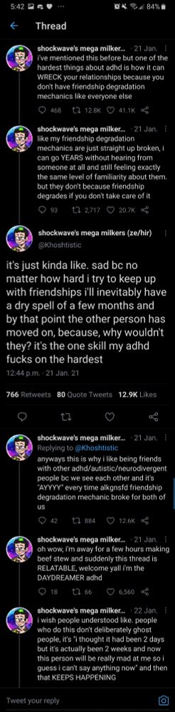 Series of tweets talking about friendship degradation and most ADHD people don't feel that and how combined with time blindness, this can absolutely ruin friendships because neurotyoical people tend to lose interest in people who don't regularly interact with them.