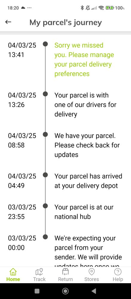 Delivery summary for Yodel showing the 15 minute window between "on the van" and "delivery failed"