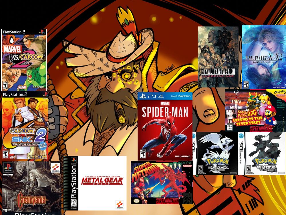 Marvel vs Capcom 2, Capcom vs SNK 2, Castlevania Symphony of the Night, Metal Gear Solid, Final Fantasy XII The Zodiac Age, Final Fantasy X HD, Super Mario RPG, Spider-Man PS4, Super Metroid and Pokémon Black/White 