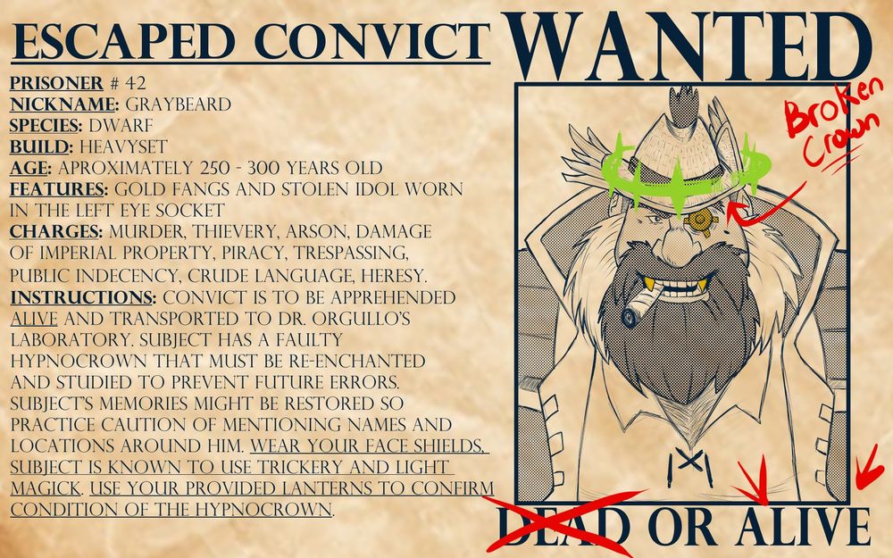 Old sketch of the dwarf pirate OC with additional information according to the Imperial forces against him, with notes about hypnocrowns and how to find them on people 