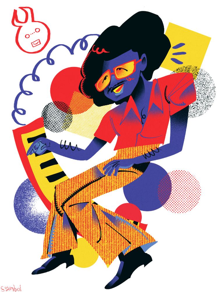 digital illustration of herbie hancock. behind him are various shapes and a piano. it is drawn with the same color palette as the album cover for head hunters by herbie hancock