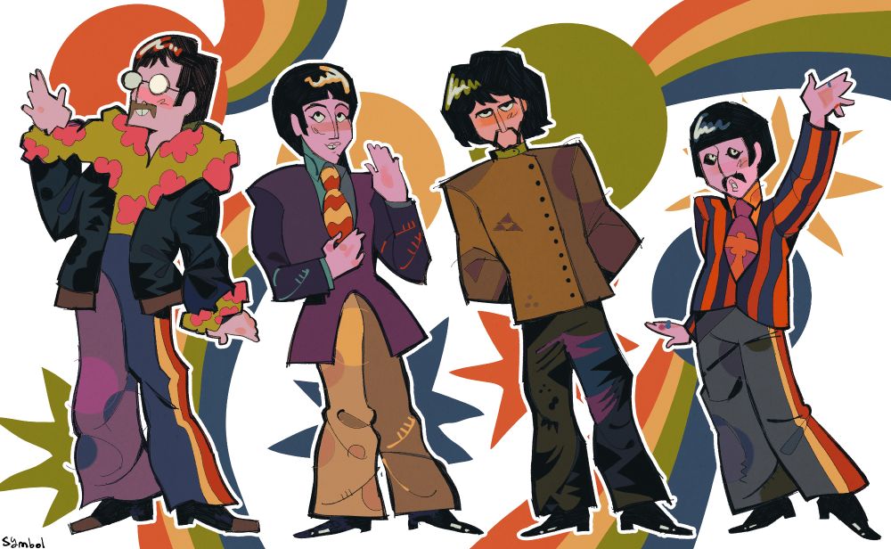 digital illustration depicting the beatles as they appear in yellow submarine. behind them are multiple shapes and rainbows