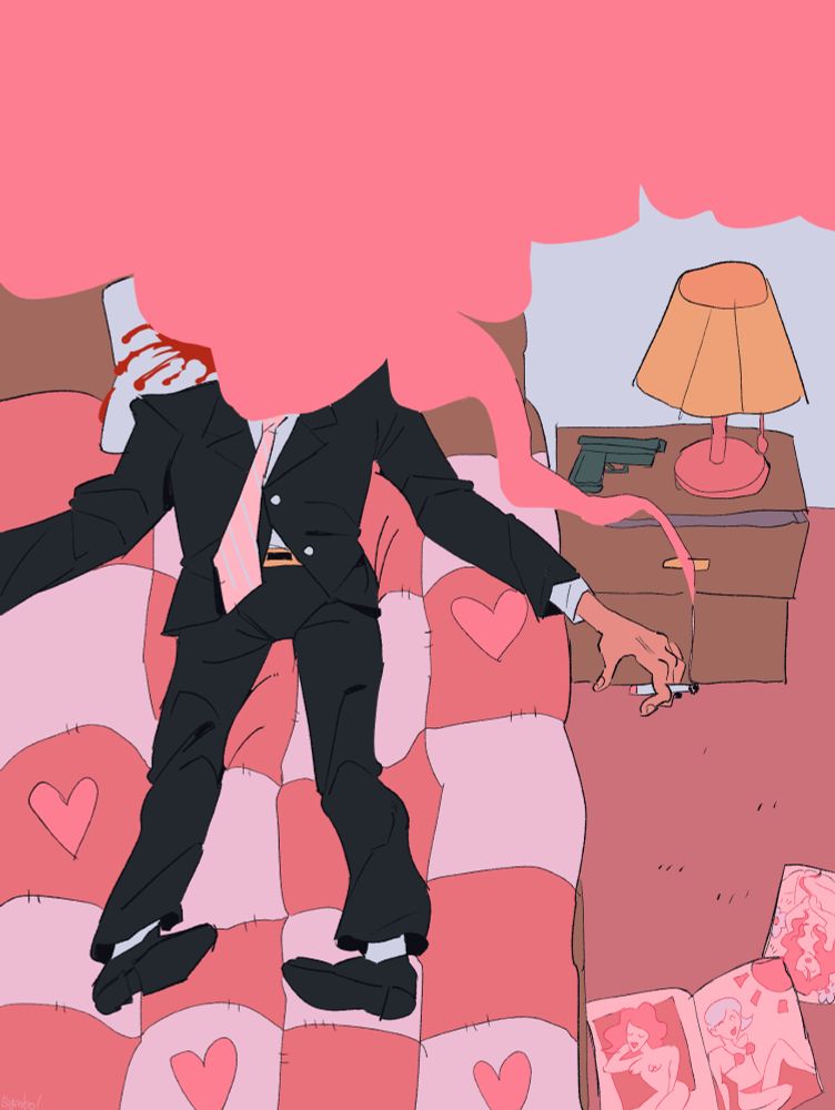 digital illustration inspired by the song pink cigarette by mr. bungle. it depicts a man in a suit dead on heart patterned bed, with his face obscured by pink smoke coming from cigarette in his hand. on his nightstand is a gun and there a few risque magazines splayed out on the floor. the whole illustration has a very pink tinted color palette, save for the mans suit which is completely black