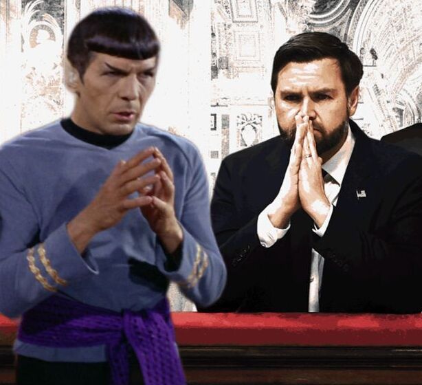 Crop of the "JD Vance praying" photo, with image pasted in from Star Trek episode "Amok Time" of Spock, deep in 'plak tow' (blood fever).