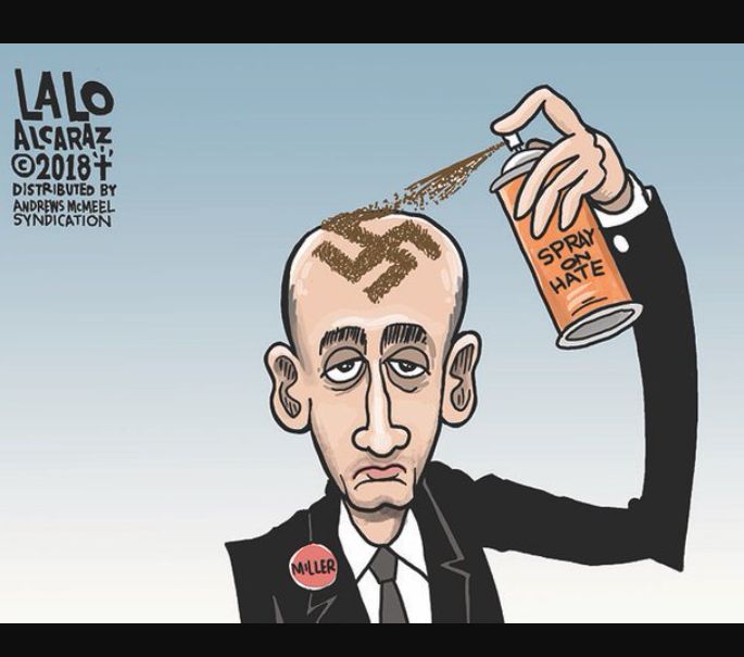 2018 cartoon by Lalo Alcaraz, depicting Stephen Miller spray-on applying a swastika to the top of his shiny head (in reference to Miller having used spray-on hair for his December 2018 appearance on "Face the Nation" -- see: https://youtu.be/lN6ZvcqnaNg?si=zRBid7F1WPoq_ZLO&t=51 )