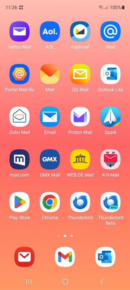 Phone home screen containing 21 different email clients. Some are repeated but beta versions or lite versions