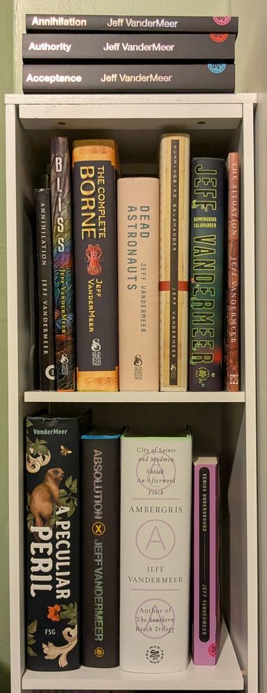 A collection of books by Jeff VanderMeer: Annihilation, Authority, Acceptance (all three are the recent anniversary editions), Annihilation (movie tie-in edition), Bliss, The Complete Borne, Dead Astronauts, Hummingbird Salamander (twice - one is the Subterranean Press edition and one is the Independent Bookstore Day edition), The Situation, A Peculiar Peril, Absolution, the Ambergris omnibus, and Veniss Underground.