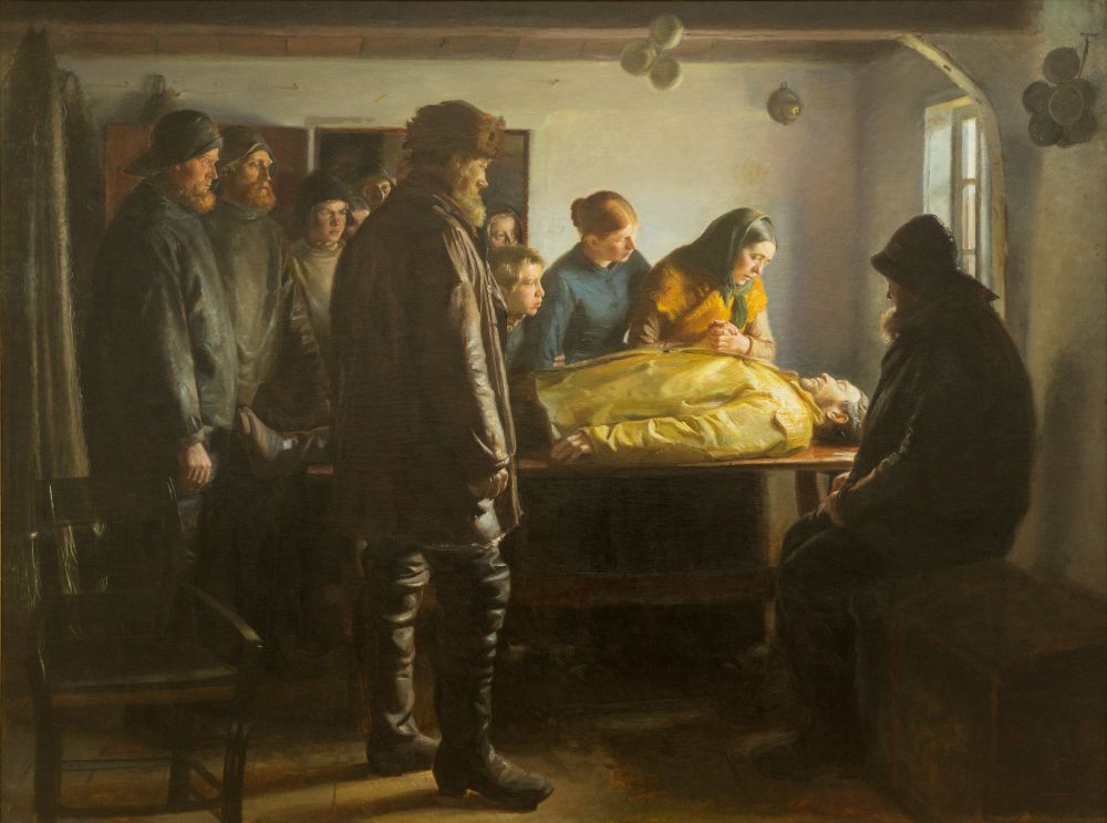 An oilpainting of a drowned fisherman, with family and friends standing around him and mourning him.
