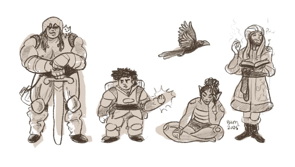 Sketches of a cartoony adventuring party, from left to right: Black masc human barbarian with dreads and a shoulder kitten, Black androgynous dwarf cleric, Asian fem elf monk with body and face tattoos, Arabic masc human wizard, flying groove-billed Ani bird familiar 