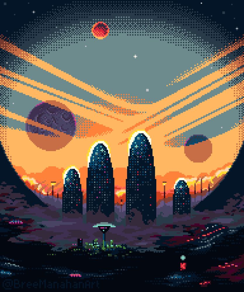 2022 version of the alien city drawing which has more skyscrapers and clouds, moons in a different spots and in different colors, and a less defined horizon line with weirdly symmetrical mountains on either side of the valley. 